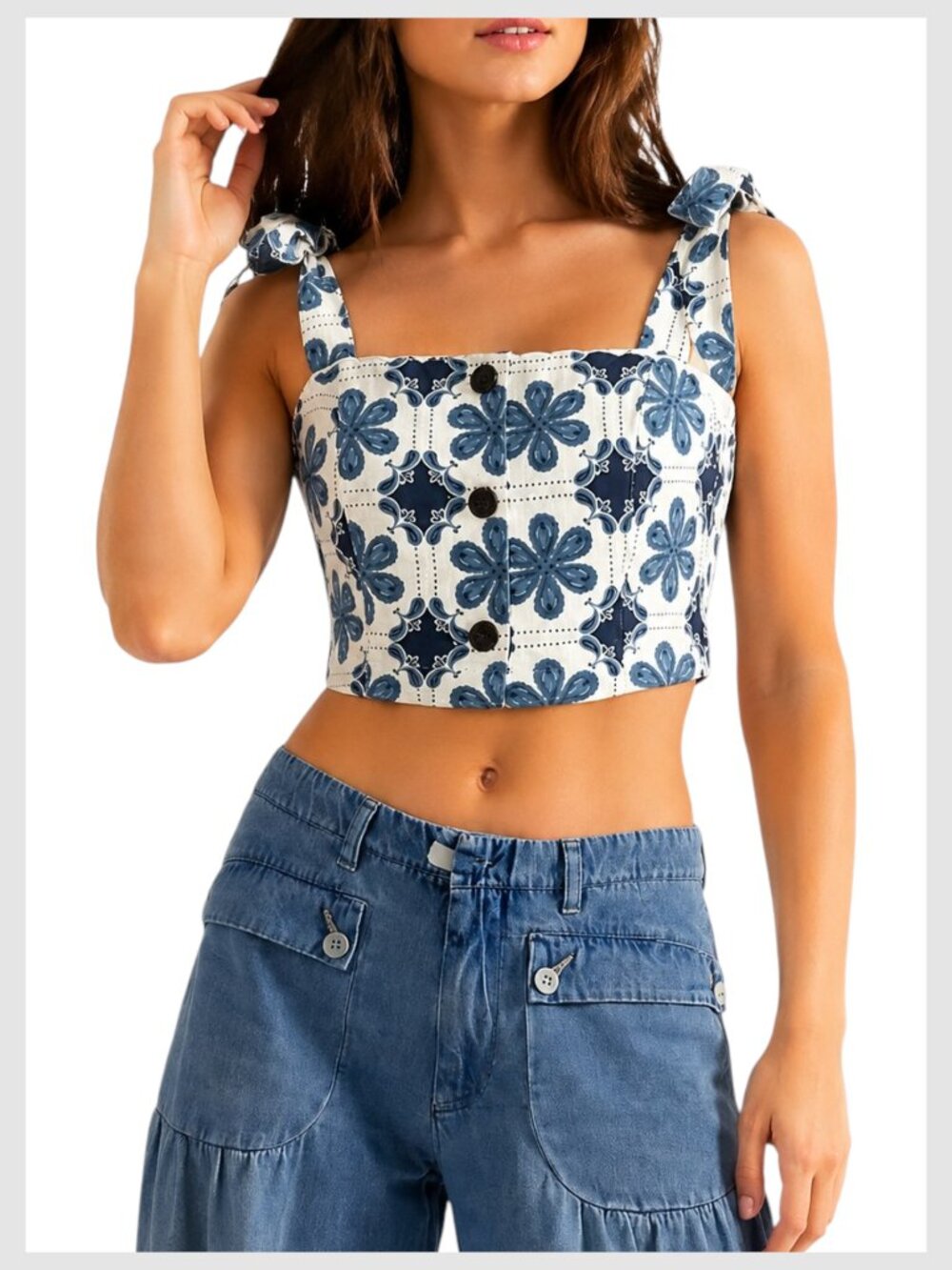 Agua Bendita Crop Top Blue Cream Floral Tie Shoulder XS
